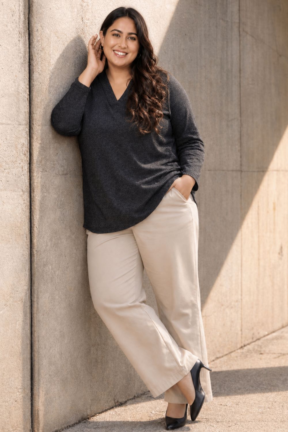 Plus Size Charcoal Grey V Neck SnugWeave Winter Top