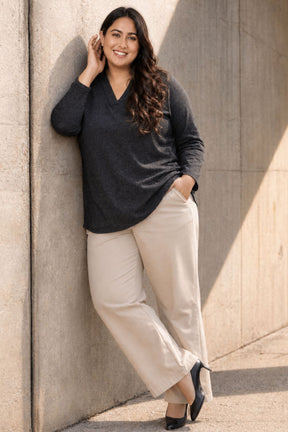 Plus Size Charcoal Grey V Neck SnugWeave Winter Top