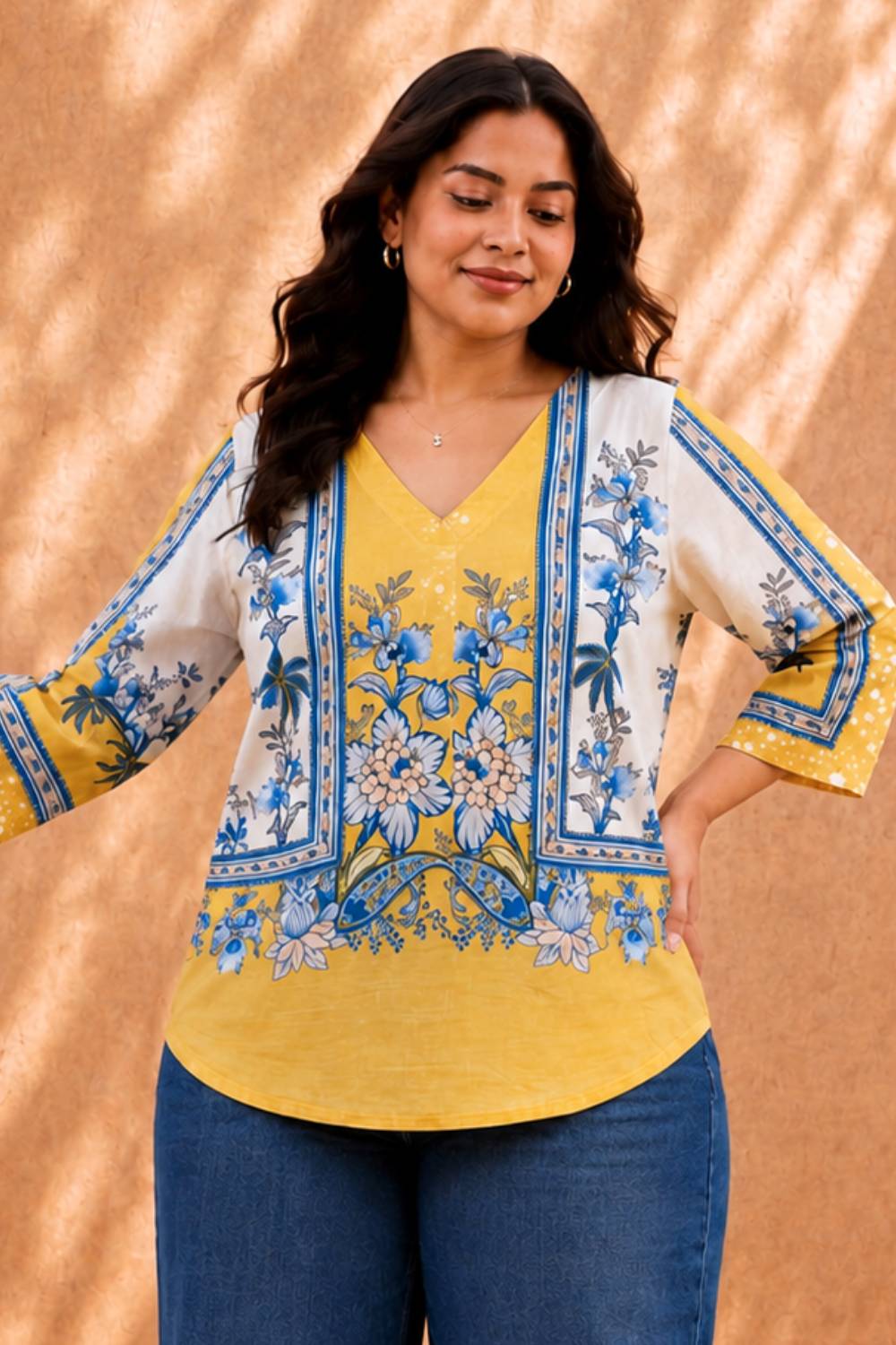 Plus Size Plus Size Yellow Floral Print Top