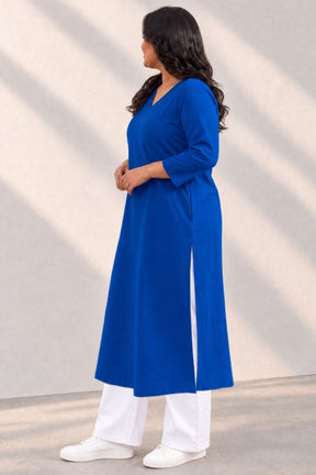 Plus Size SoftEase V Neck Blue Cotton Kurta