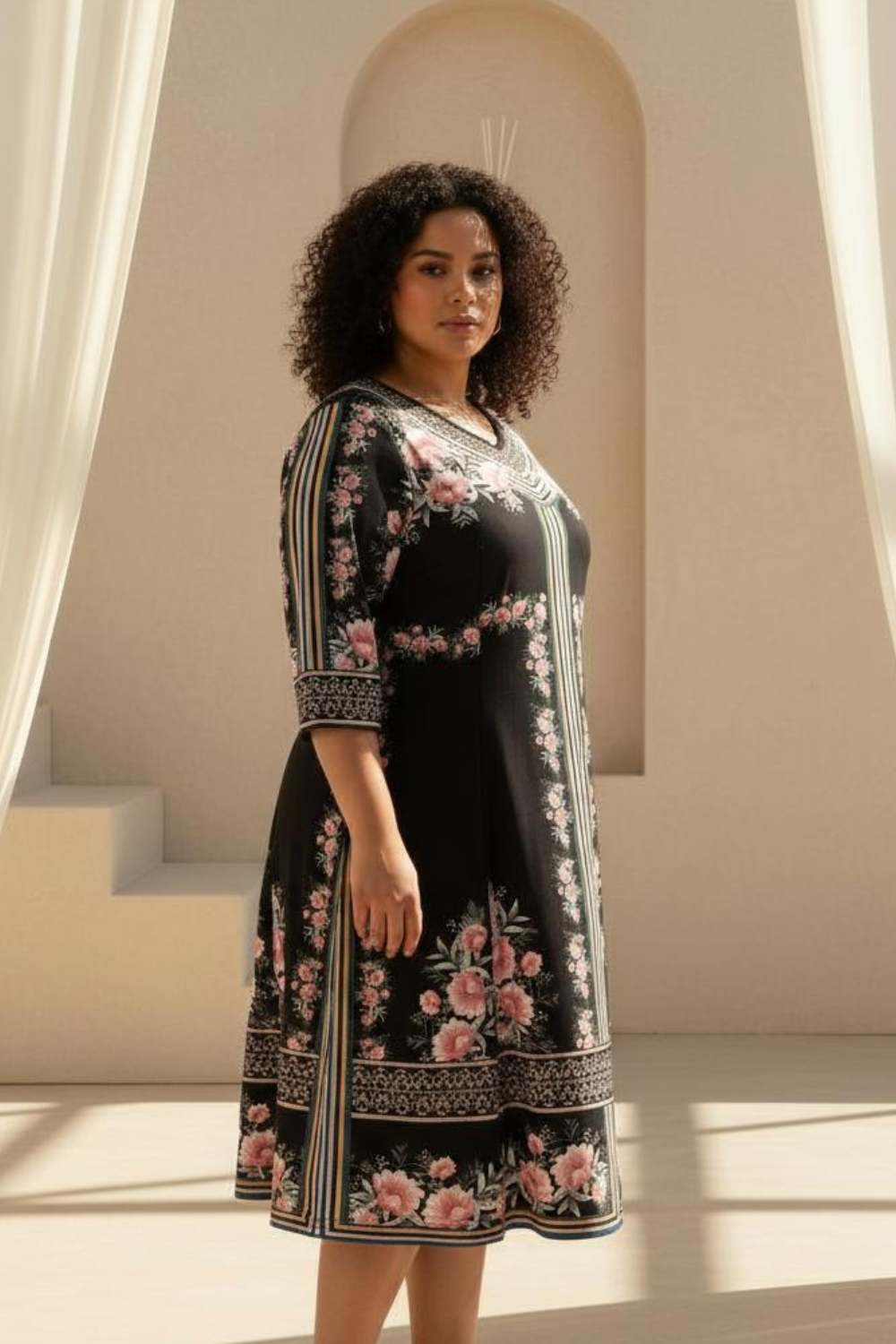 Plus Size Black Floral Printed A Line Dress for Women