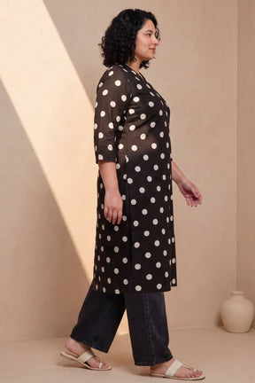 Plus Size Black Polka Print Rayon V Neck Kurta