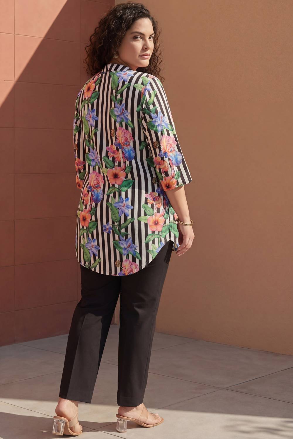 Plus Size Black Floral Stripes Top for Women