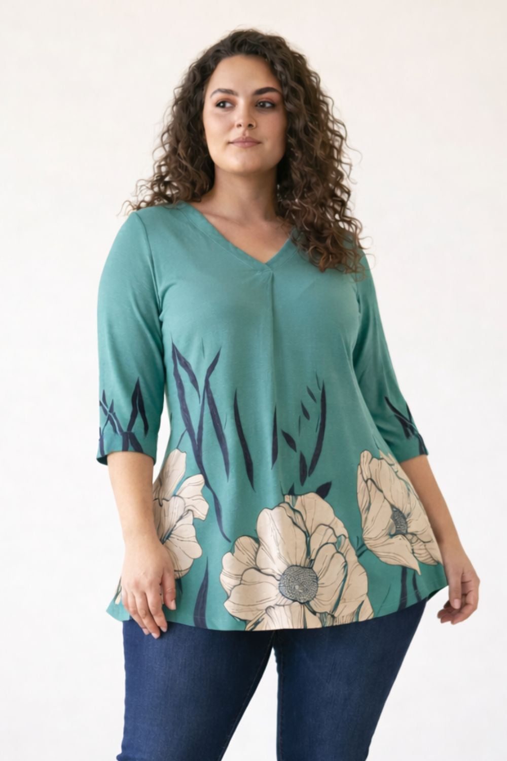 Plus Size Plus Size Green Beige Print Centre Pleat Top