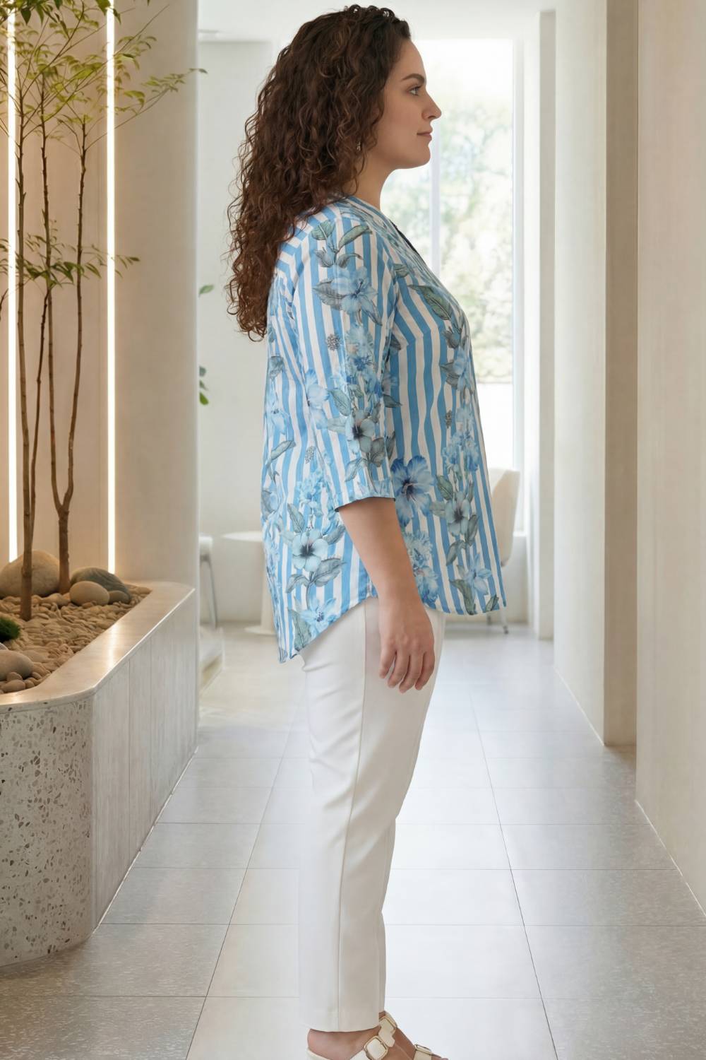 Plus Size Plus Size Blue Floral Stripes Top