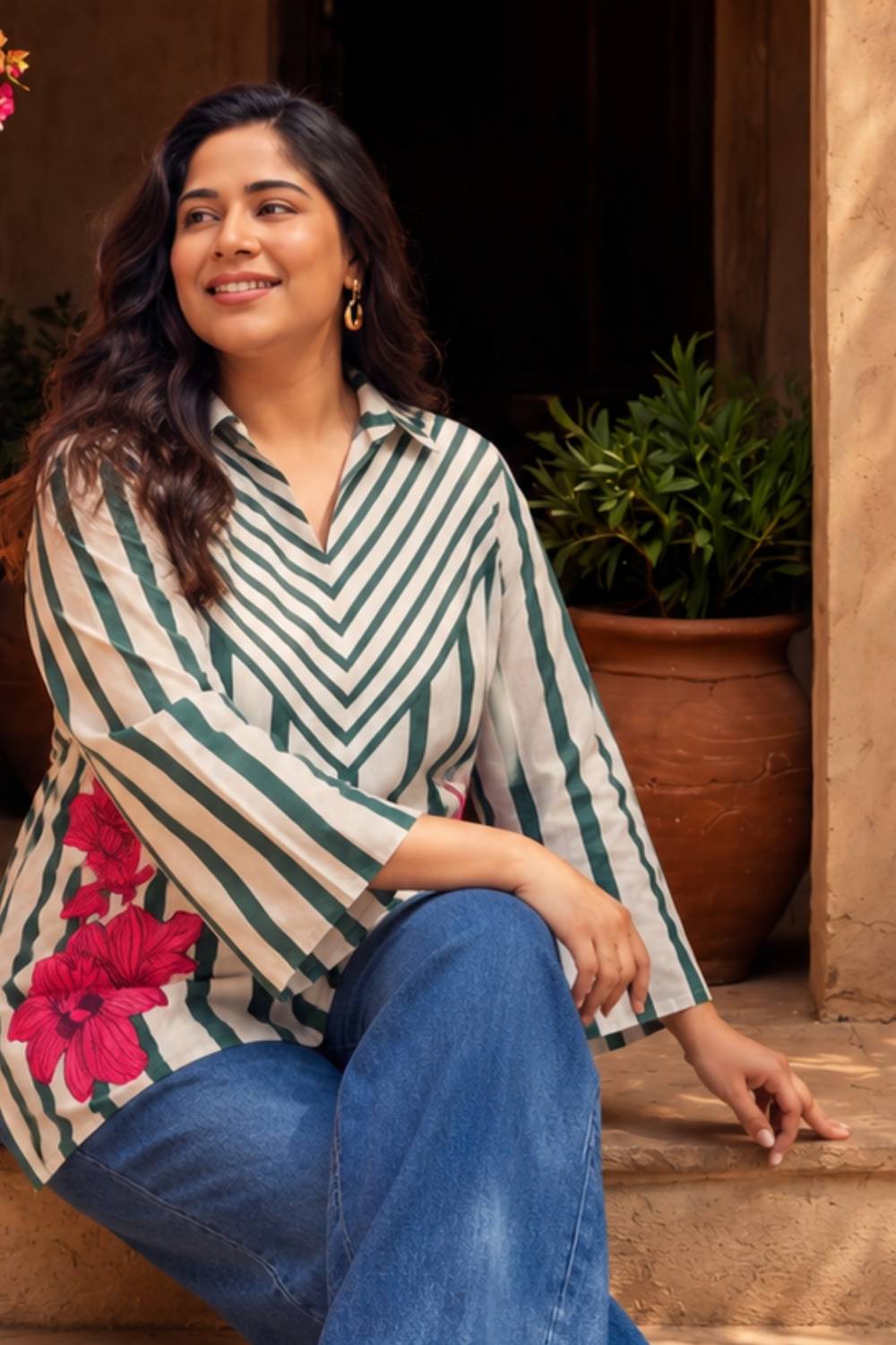 Plus Size Plus Size Green Stripe Floral Printed Cotton Top