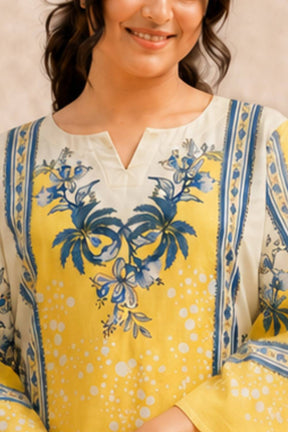 Plus Size Yellow Floral Print cotton Kurti
