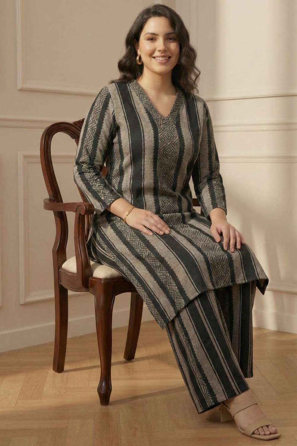 Plus Size Black Beige Stripe SnugWeave™ Winter Kurta Coord Set
