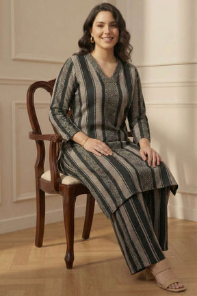 Plus Size Black Beige Stripe SnugWeave™ Winter Kurta Coord Set