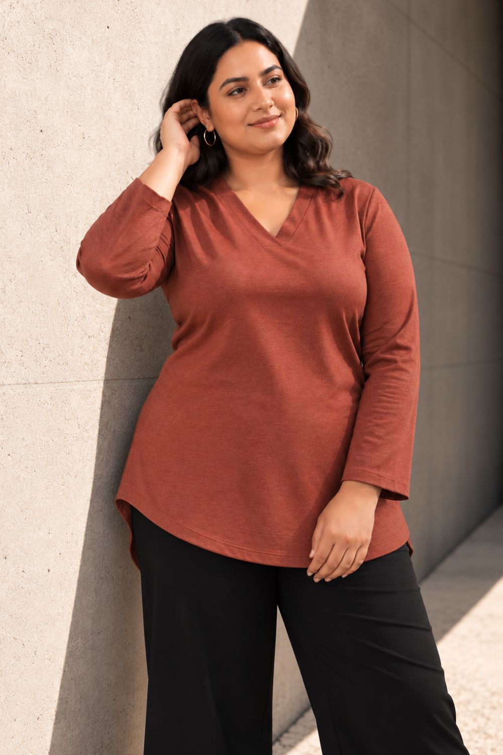 Plus Size Rust V Neck SnugWeave Winter Top