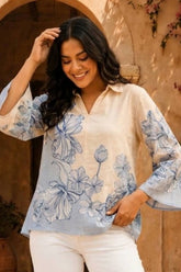 Plus Size Blue Floral Print Cotton Top