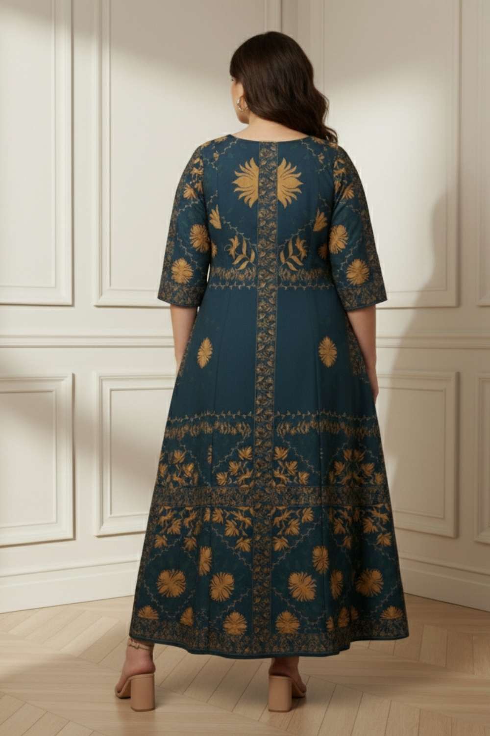 Teal Mustard Ornate Printed Long Dress for Women