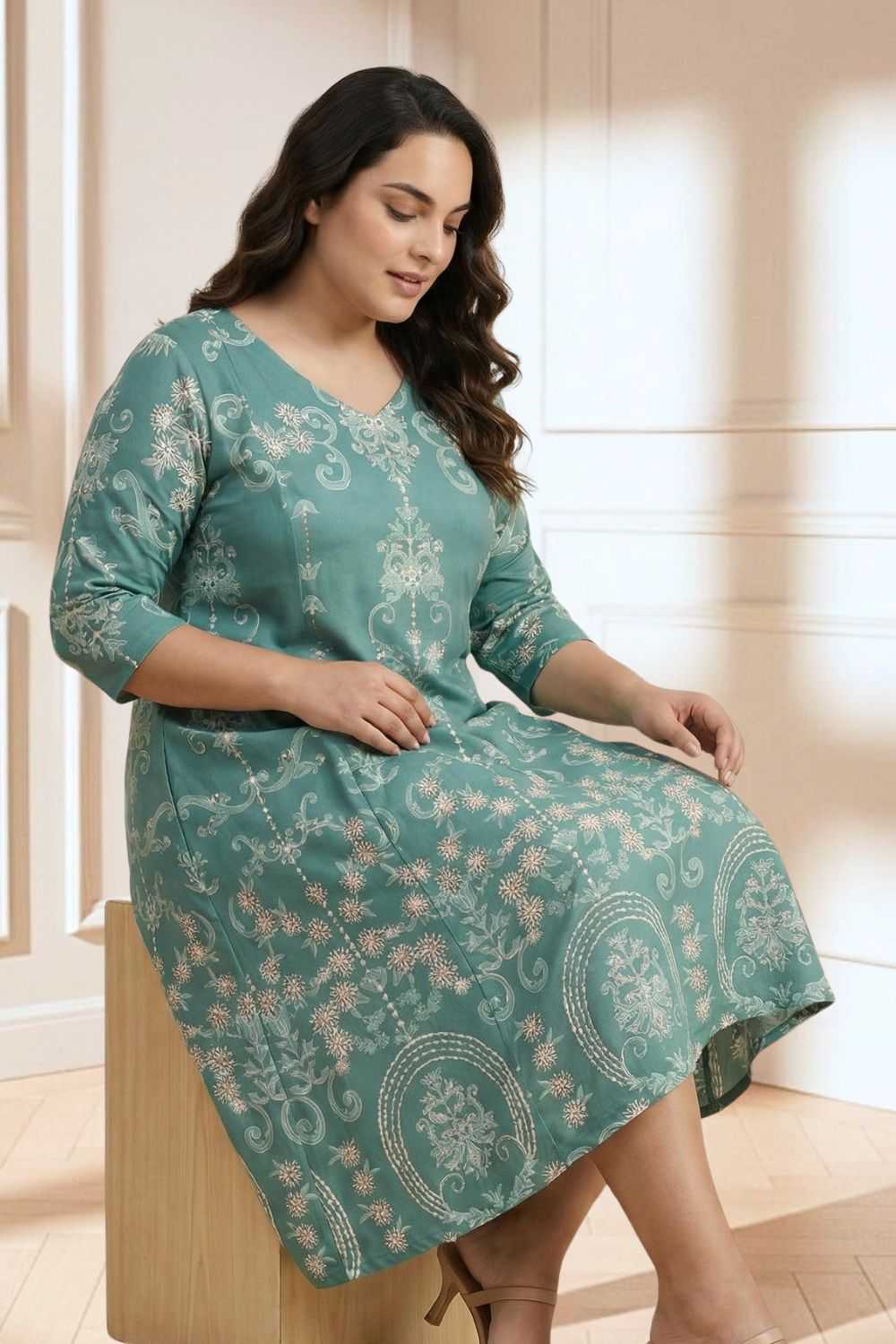 Plus Size Green Ethnic Print A line Dress
