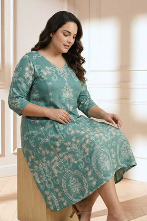 Plus Size Green Ethnic Print A line Dress