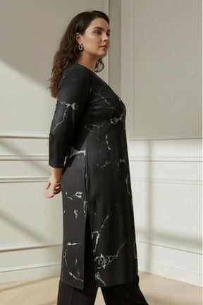 Plus Size Black Marble V Neck SnugWeave™ Winter Kurta