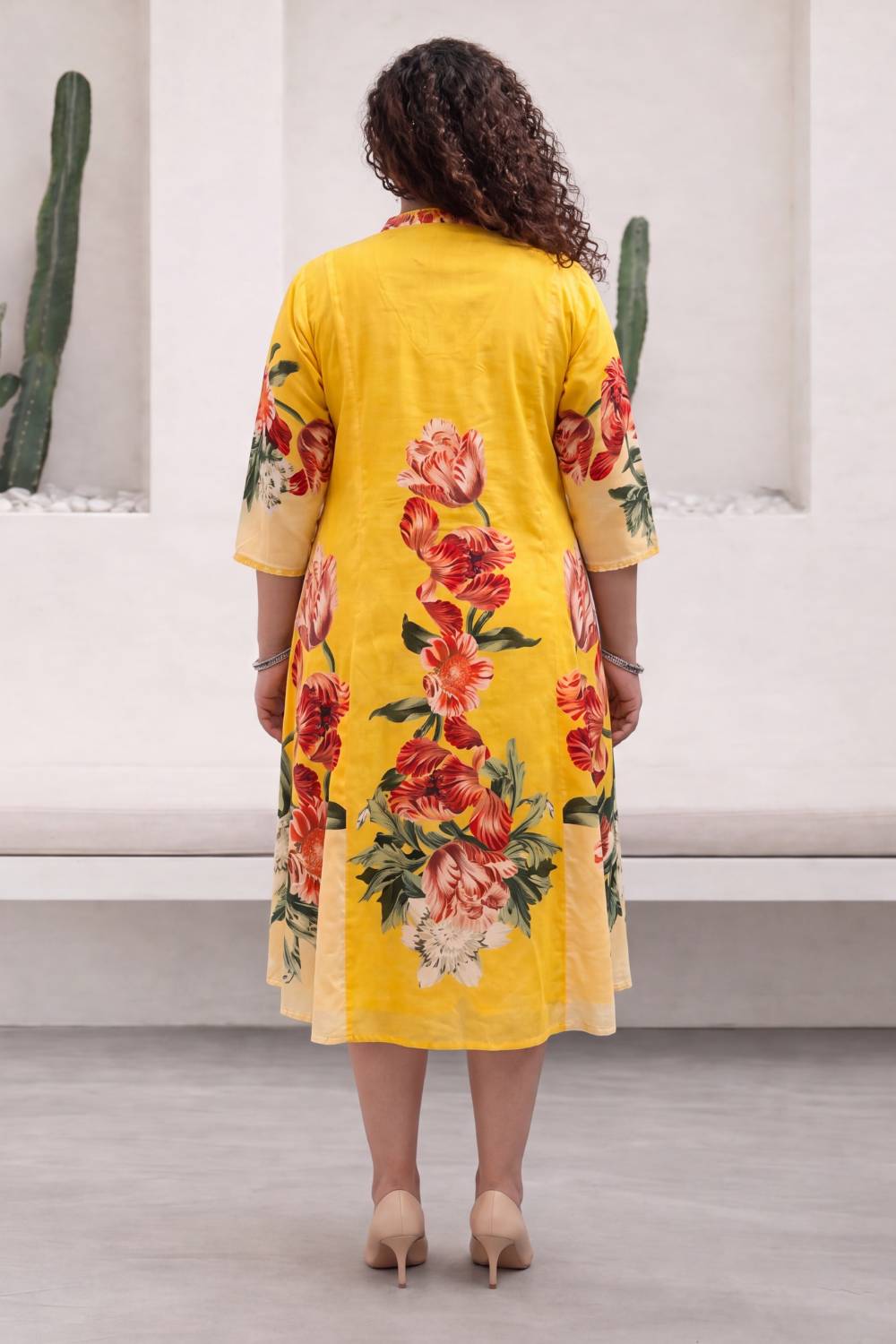 Plus Size Radiant Yellow Floral Print Cotton Midi Dress