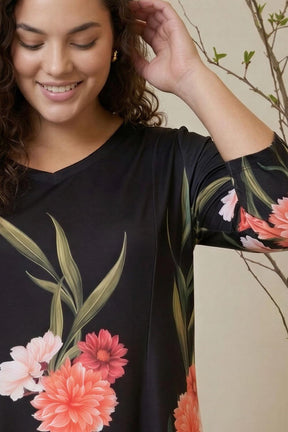 Plus Size Black & Coral Floral Printed A-Line Dress