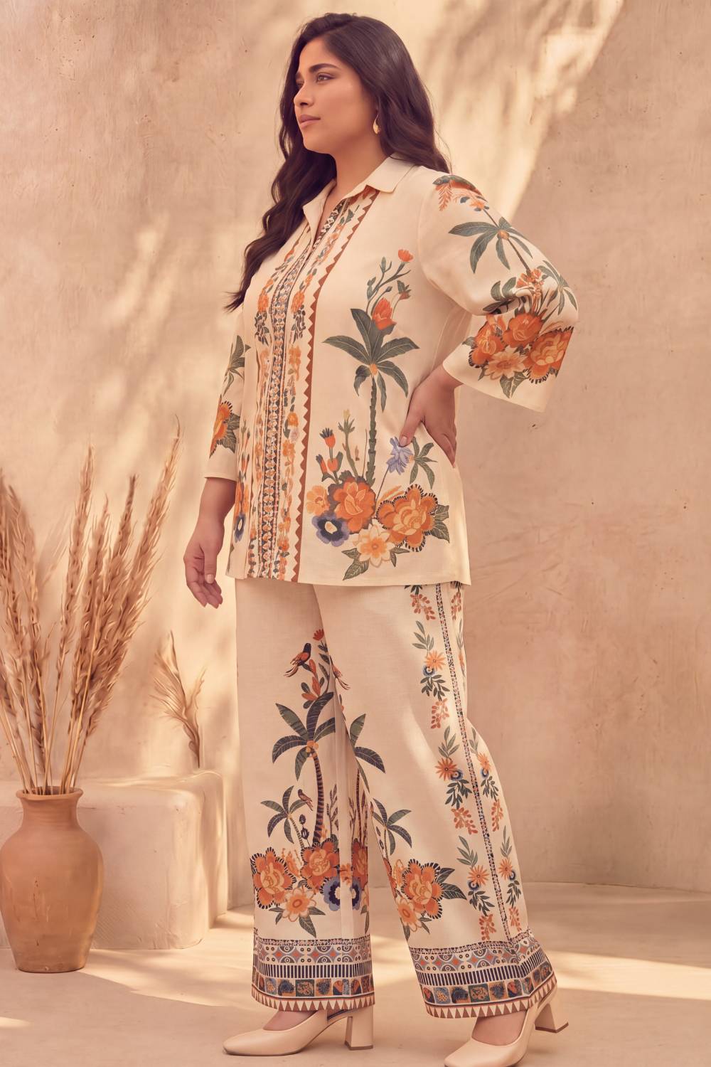 Plus Size Plus Size Boho Floral Panel Print Cotton Coord Set