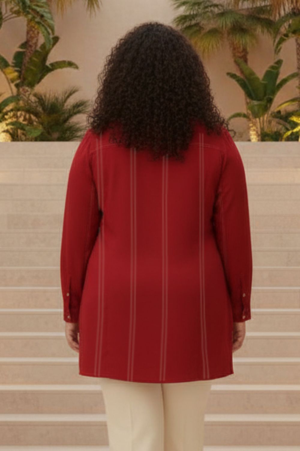 Plus Size Maroon Golden Pin Striped High Slit Longline Shirt for Women