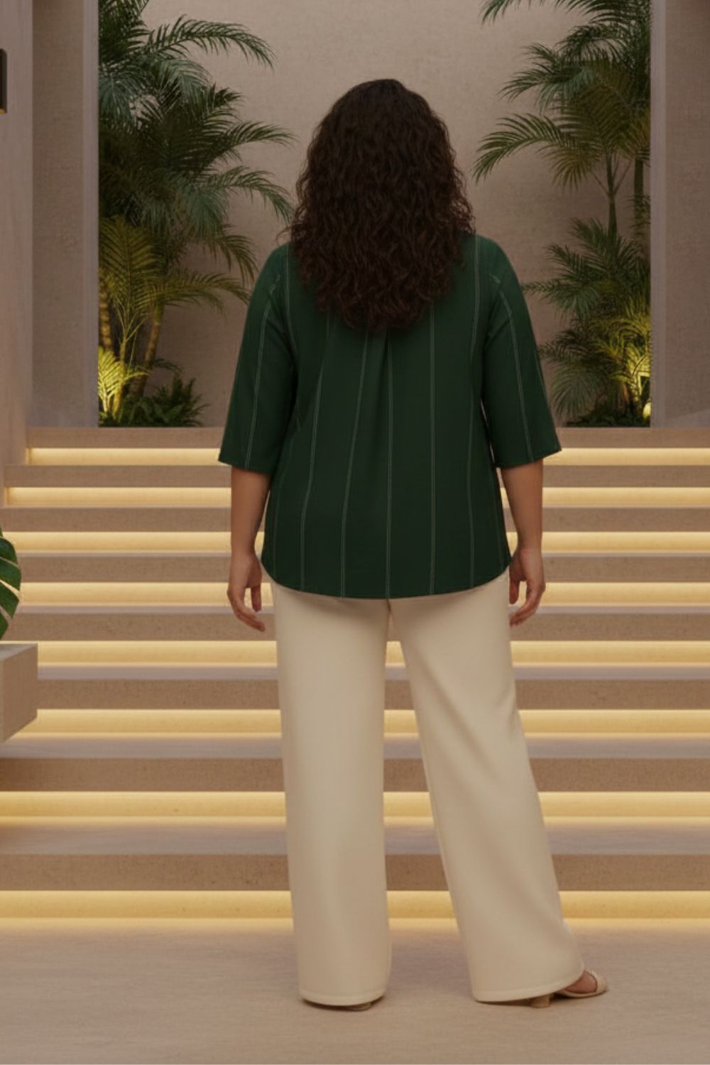 Plus Size Emerald Green Golden Pin Striped V Neck Top for Women