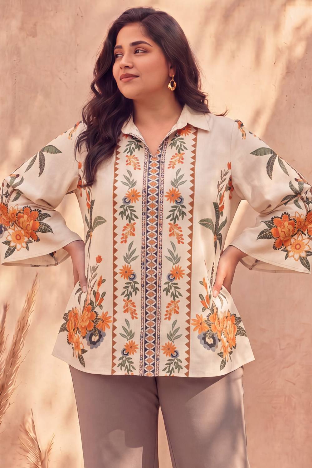 Comfortable Plus Size Boho Floral Panel Print Cotton Top