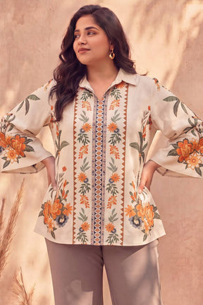 Plus Size Boho Floral Panel Print Cotton Top
