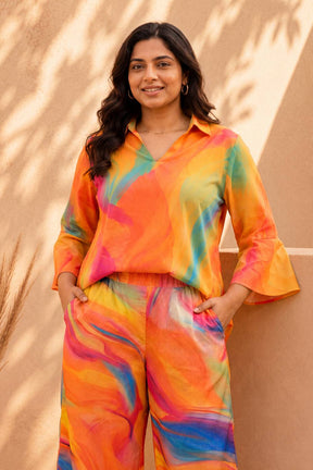 Plus Size Multicolor Abstract Print Cotton Coord Set