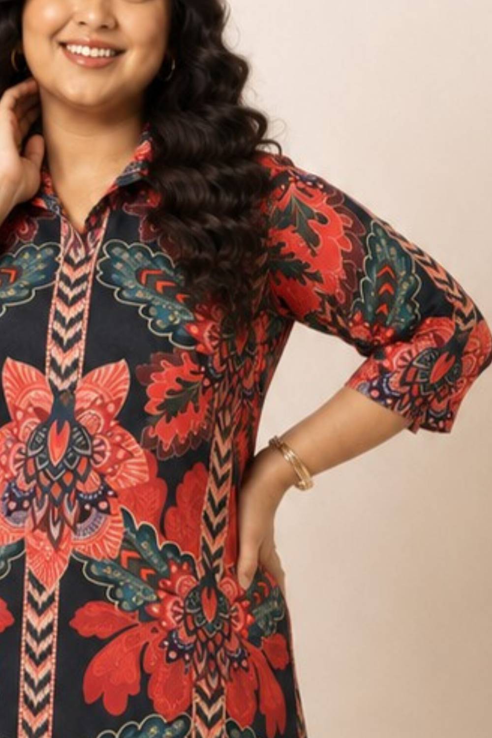 Plus Size Black Tropical Print Shirt Dress