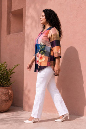 Plus Size Floral Check Print Top
