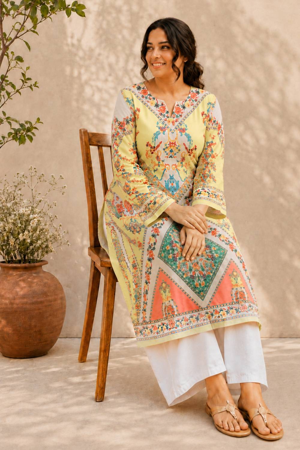 Plus Size Multicolor Floral Placement print cotton Kurti for Women