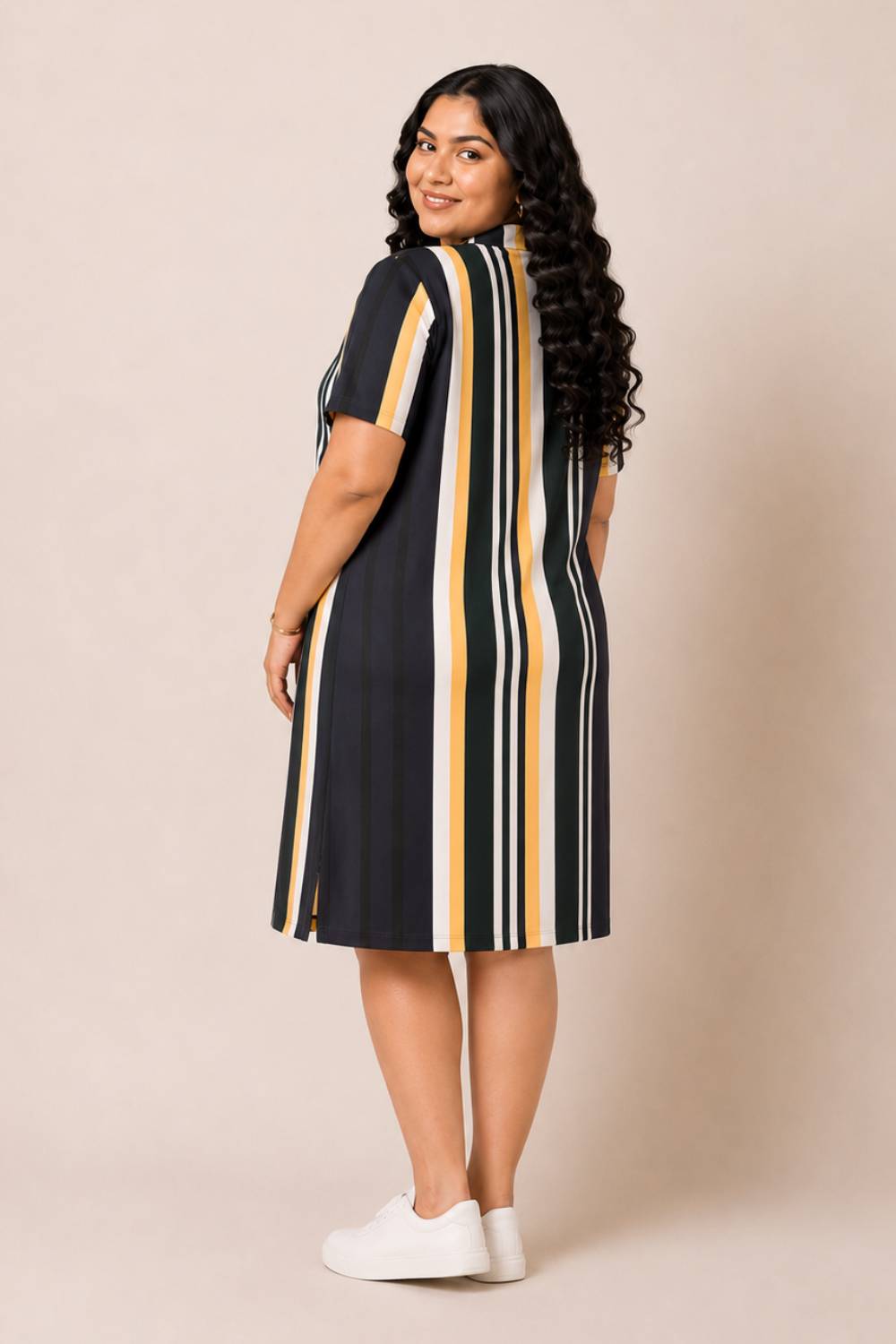 Plus Size Navy Yellow Printed Polo Dress