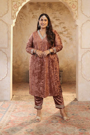 Plus Size Mocha Brown Velvet V Neck Suit Set