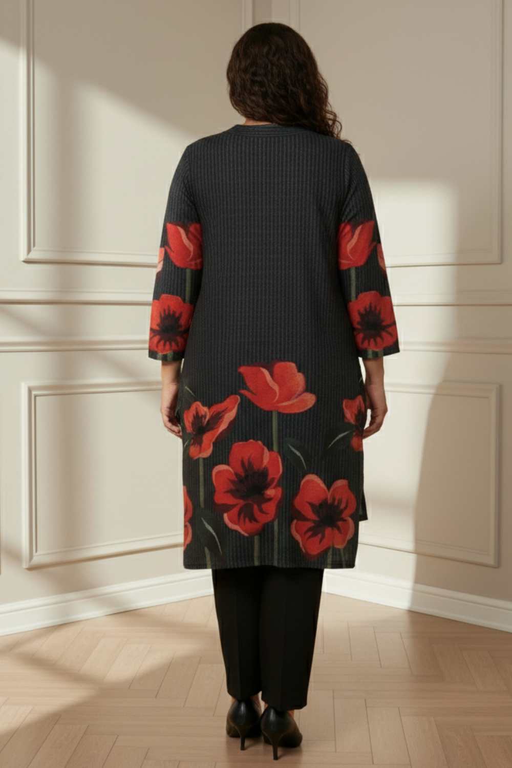 Plus Size Black Floral Borders SnugWeave™ Winter Kurta