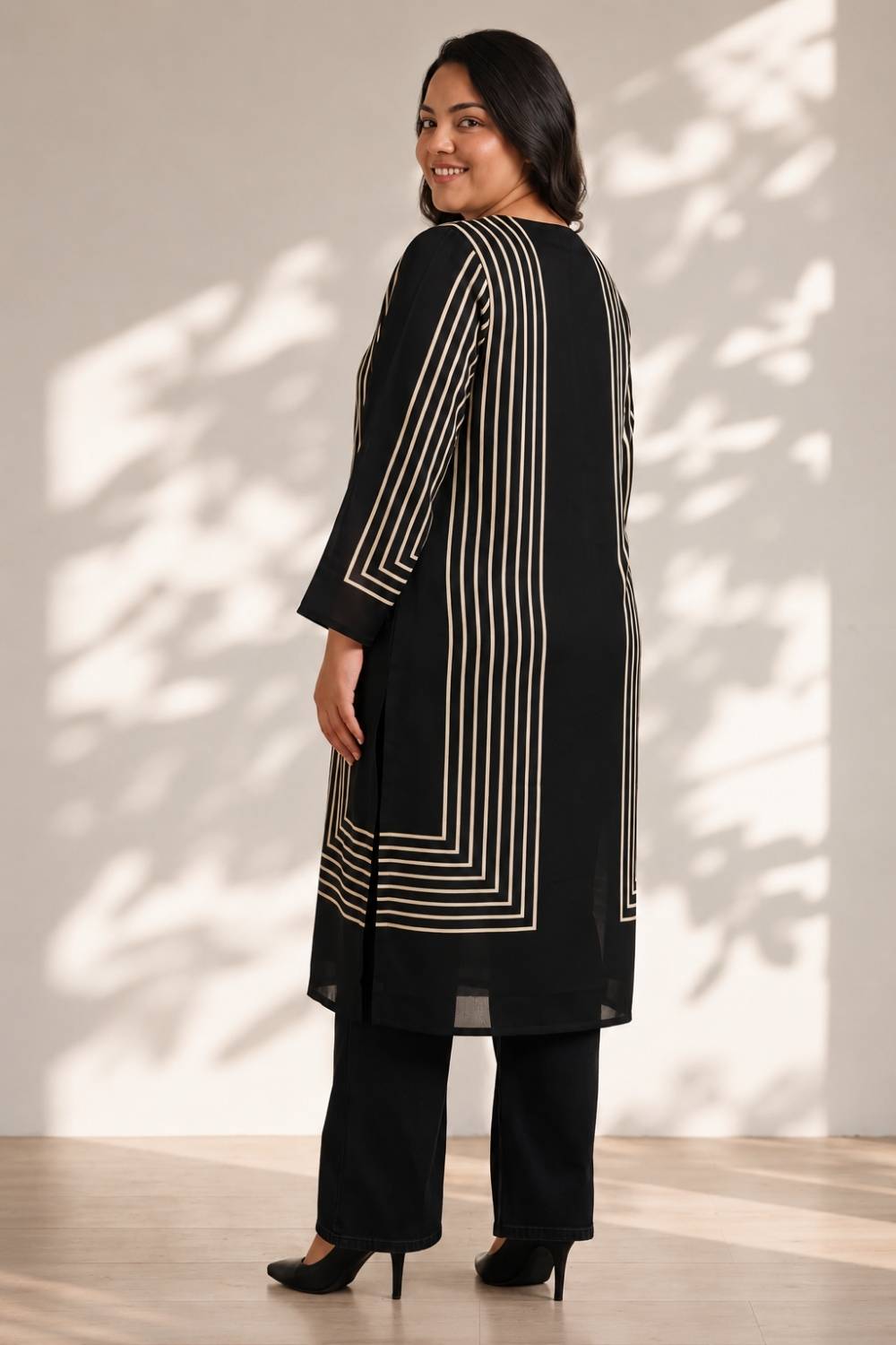 Plus Size Plus Size Black Geometric Stripe Print Georgette Kurta