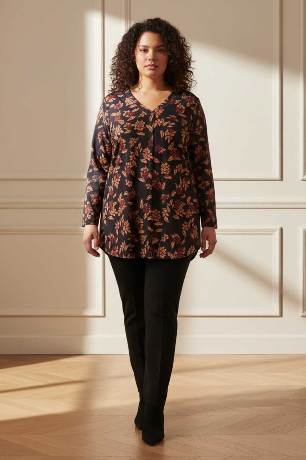 Plus Size Plus Size Black Blossom V Neck  SnugWeave™ Winter Top