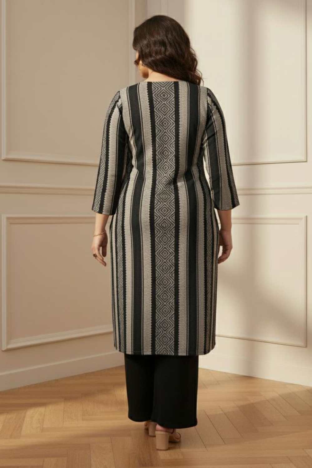 Comfortable Plus Size Black Beige Stripe SnugWeave™ Winter Kurta