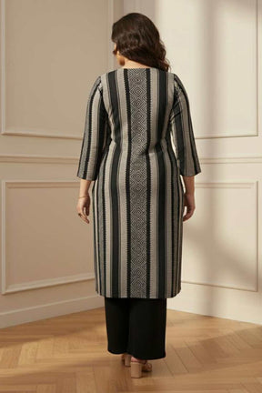Plus Size Black Beige Stripe SnugWeave™ Winter Kurta
