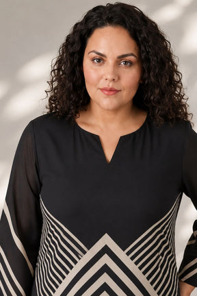 Plus Size Black Chevron Stripes Print Georgette Kurta
