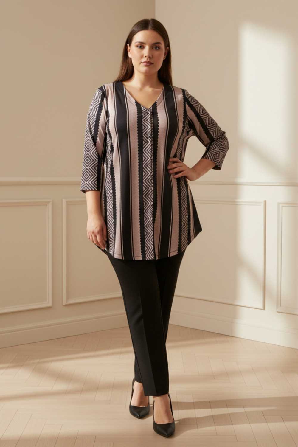 Plus Size Plus Size Black Beige Stripe SnugWeave™ Winter Top