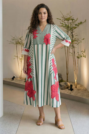 Plus Size Green Stripe Floral Print Cotton Midi Dress