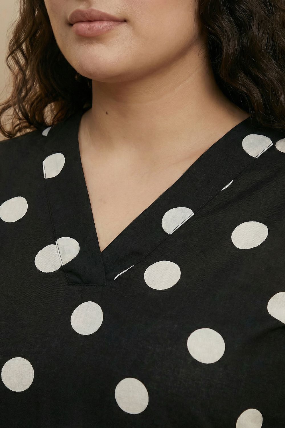 Comfortable Plus Size Black Polka Print Rayon V Neck Kurta