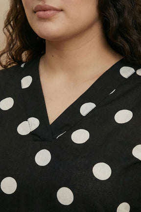 Plus Size Black Polka Print Rayon V Neck Kurta