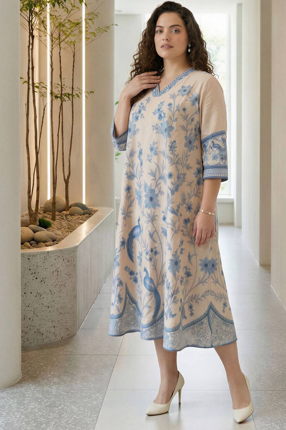 Plus Size Plus Size Beige Ethnic Floral Print Cotton Midi Dress