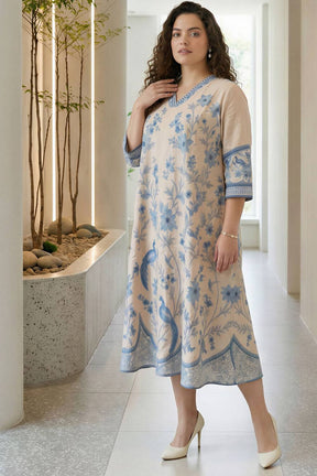 Plus Size Beige Ethnic Floral Print Cotton Midi Dress