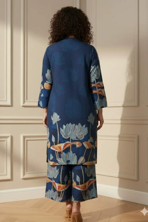 Plus Size Blue Floral SnugWeave™ Winter Kurta Coord Set