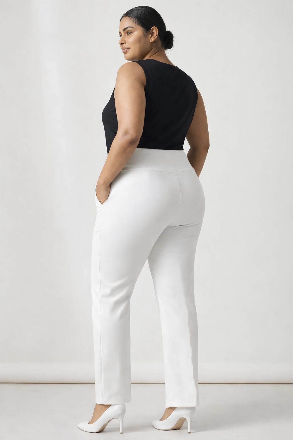 Plus Size Plus Size White Tummy Shaper Straight Fit Pants