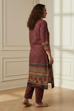 Plus Size Maroon Border Print SnugWeave™ Winter Kurta