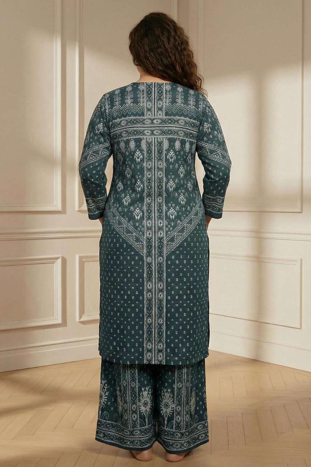 Plus Size Teal Printed SnugWeave™ Winter Kurta Coord Set