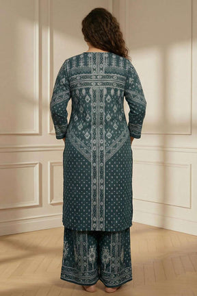 Plus Size Teal Printed SnugWeave™ Winter Kurta Coord Set
