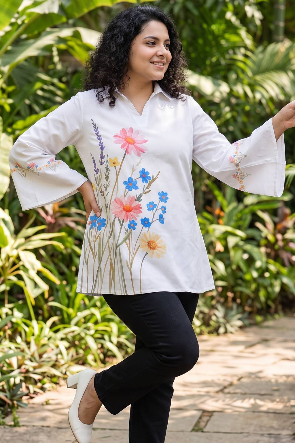 Comfortable Plus Size White Floral Printed Cotton Top